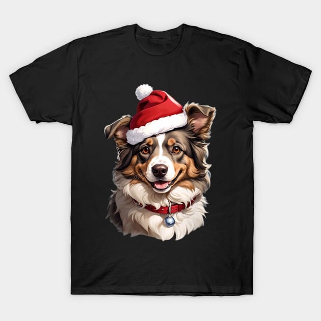 Funny Australian Shepherd Dog Wearing Santa Father Christmas Hat T-Shirt by Maljonic